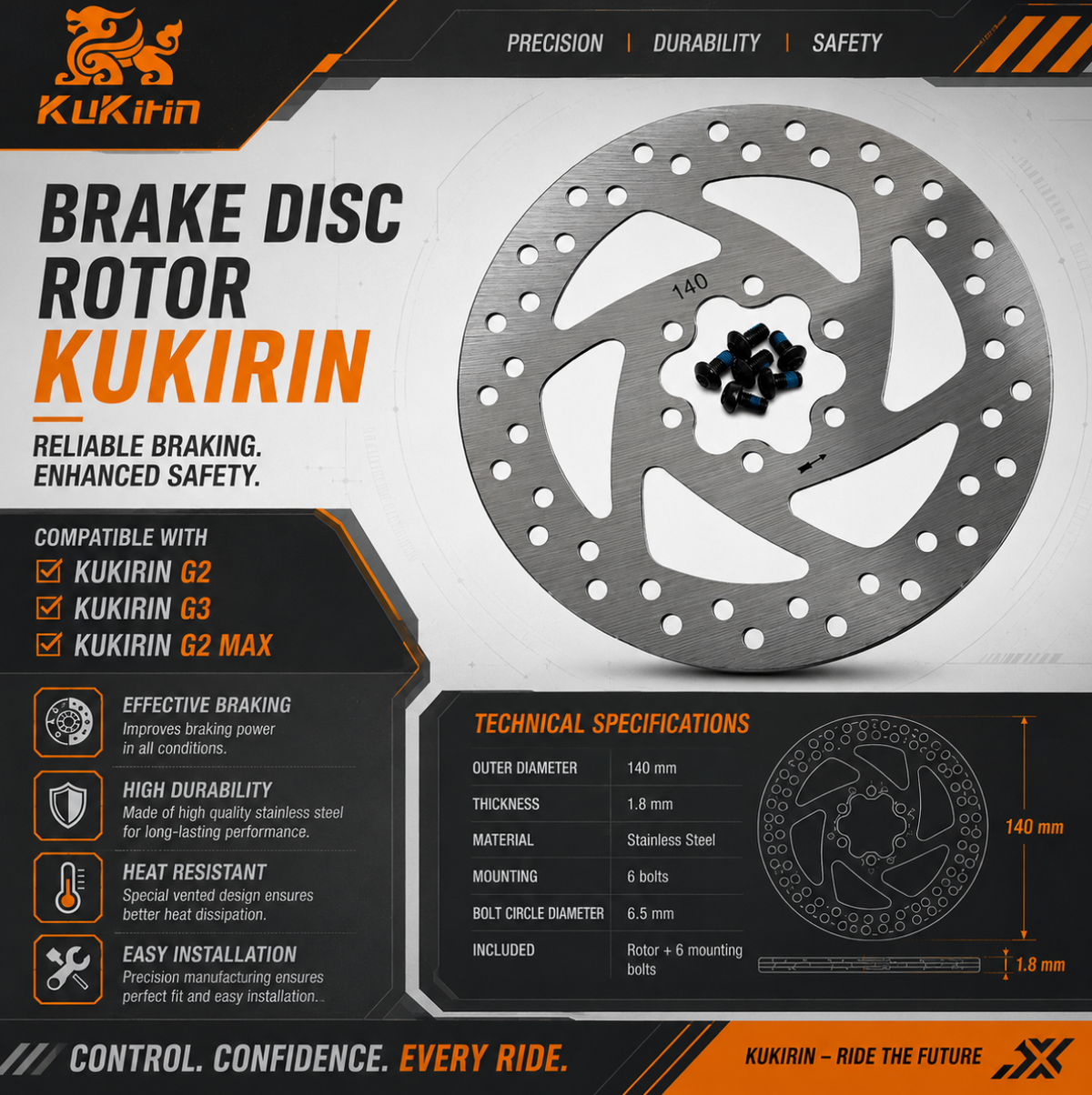 140mm Brake Disc Rotor for KuKirin G2 (Old Version), G2 Max & G3