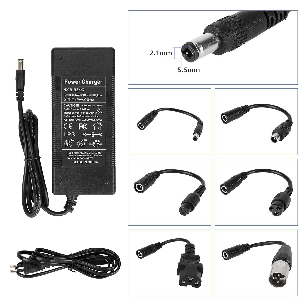 42V2A DC2.1 Charger with 6 pcs adapter cable（EU plug）
